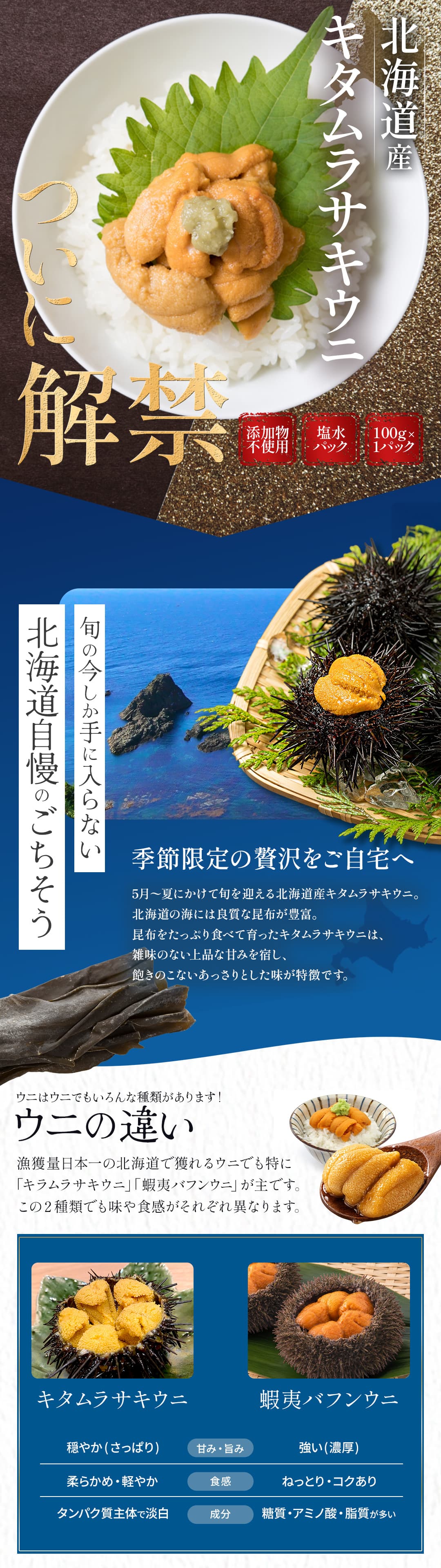 北海道産キタムラサキウニ 100g 塩水パック ミョウバン不使用・無添加生ウニ（冷蔵便）