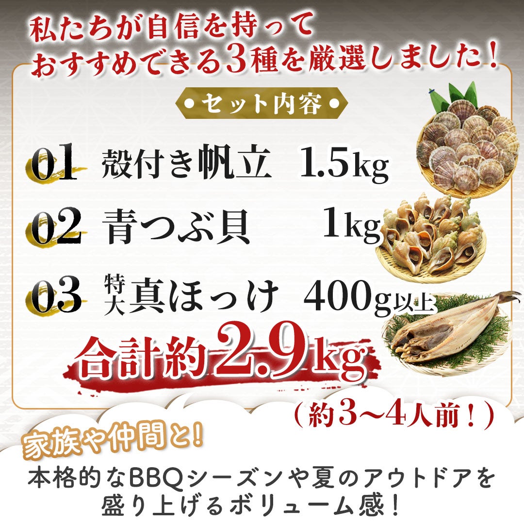 北海道 海鮮BBQセット 3種 合計約3kg （ホタテ1.5kg・青つぶ1kg・真